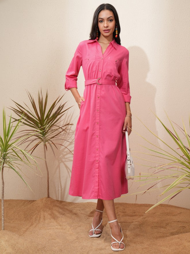 Tokyo Talkies Women Pink Solid Shirt Dress - Pink - Image 2