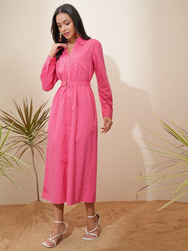Tokyo Talkies Women Pink Solid Shirt Dress - Pink - Image 4