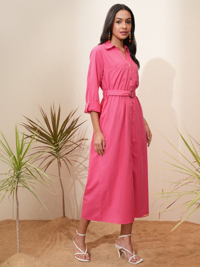 Tokyo Talkies Women Pink Solid Shirt Dress - Pink - Image 6