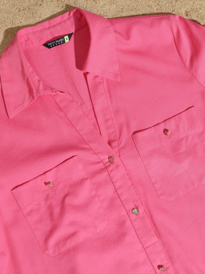 Tokyo Talkies Women Pink Solid Shirt Dress - Pink - Image 7