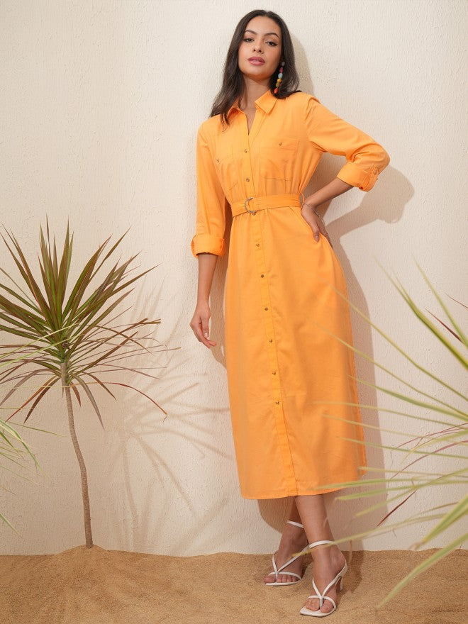 Tokyo Talkies Women Orange Solid Shirt Dress - Orange - Image 2