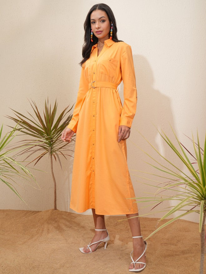 Tokyo Talkies Women Orange Solid Shirt Dress - Orange - Image 4