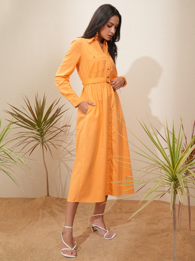 Tokyo Talkies Women Orange Solid Shirt Dress - Orange - Image 6