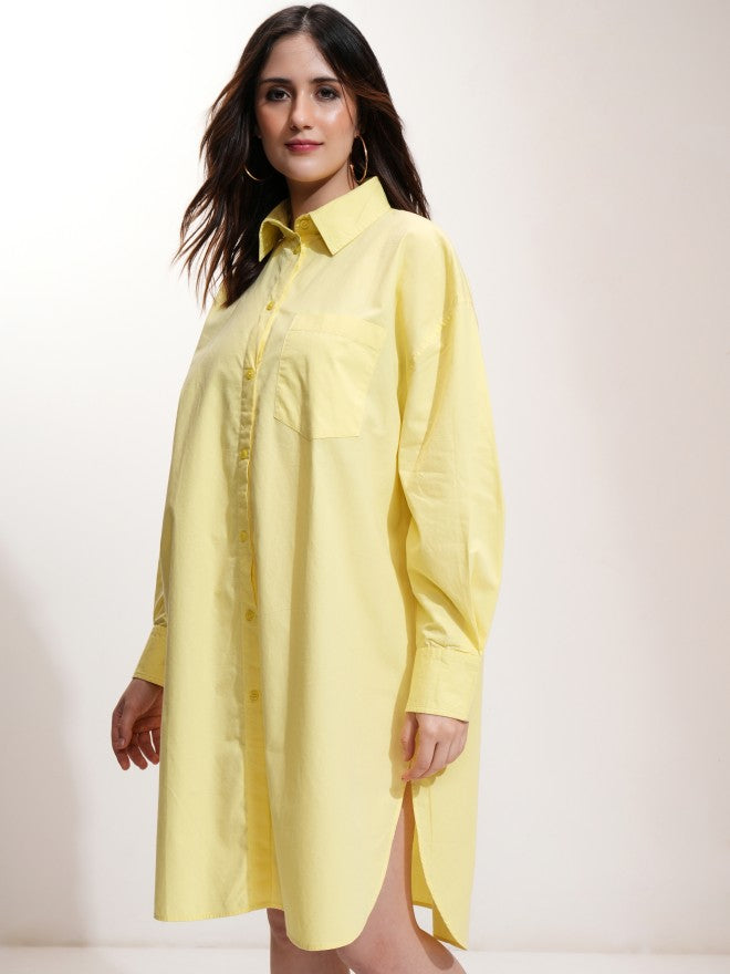 Tokyo Talkies Women Yellow Solid Shirt Dress - Yellow - Image 4