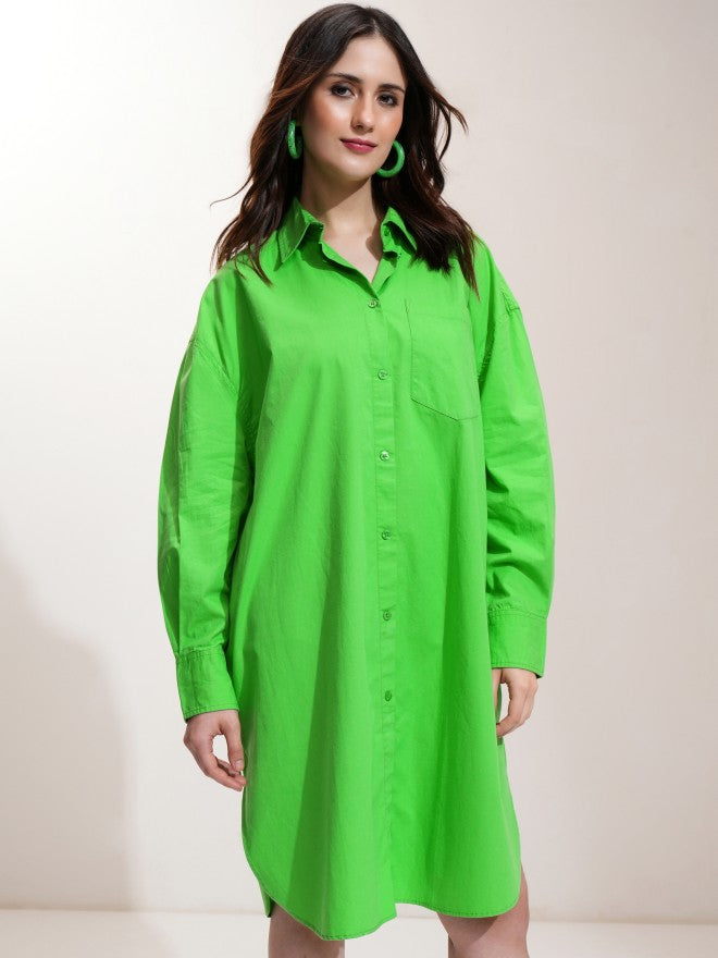 Tokyo Talkies Women Green Solid Shirt Dress - Green - Image 6