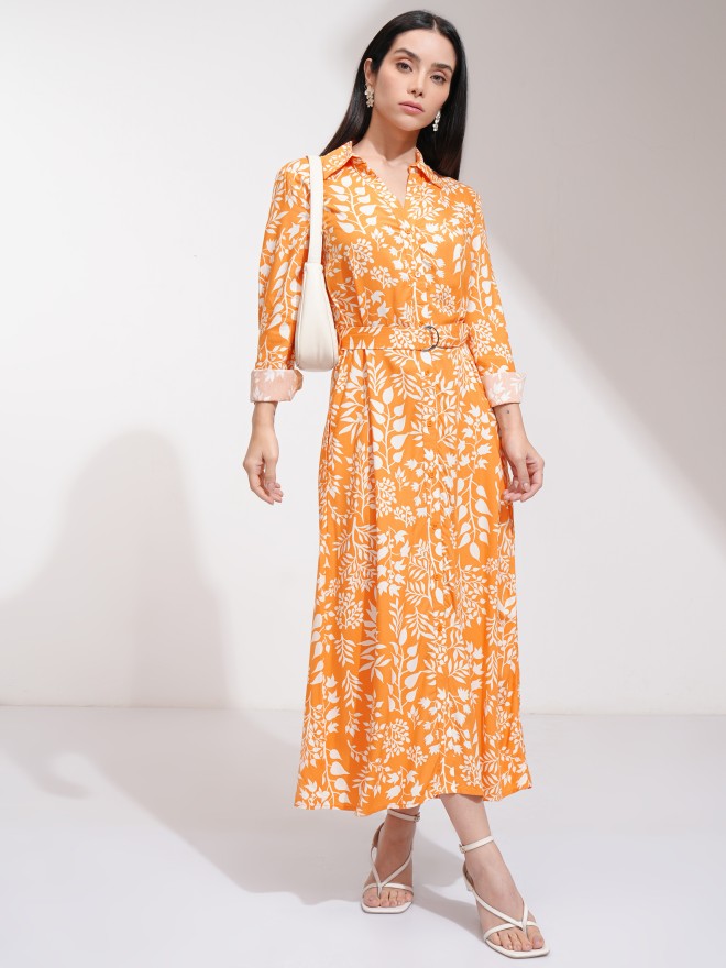 Tokyo Talkies Women Orange Printed Shirt Dress - Orange - Image 1