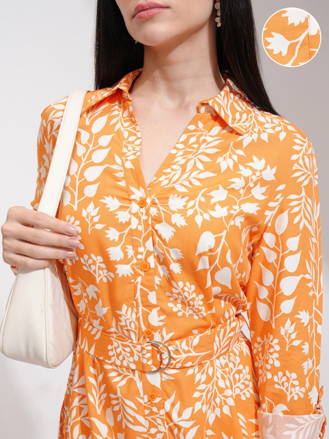 Tokyo Talkies Women Orange Printed Shirt Dress - Orange - Image 5