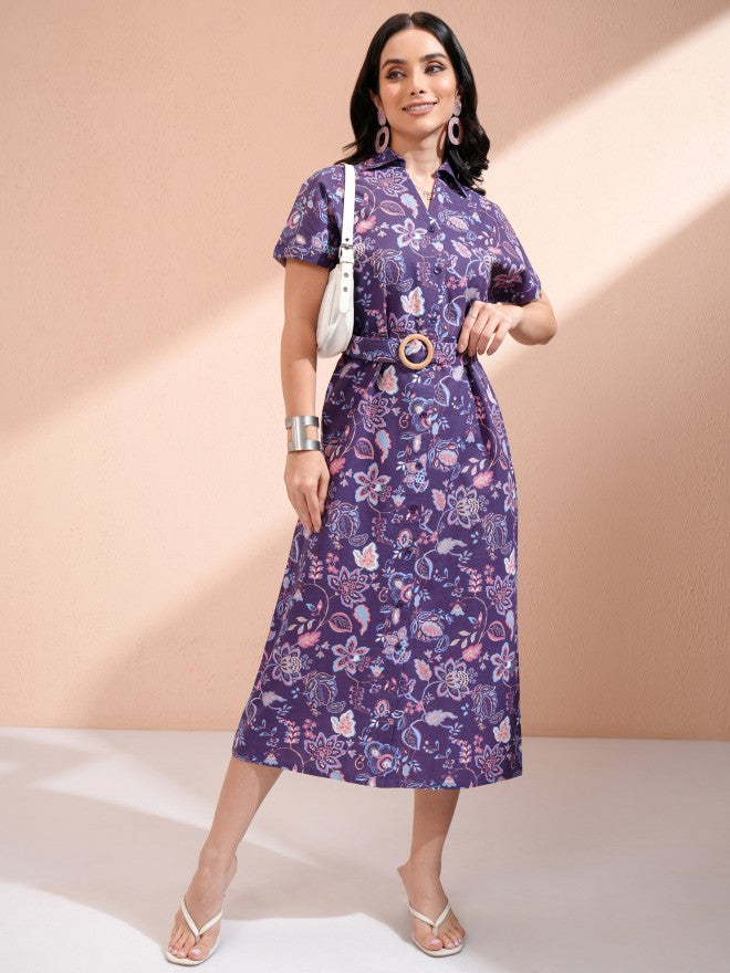 Tokyo Talkies Women Purple Printed Shirt Dress - Purple - Image 1