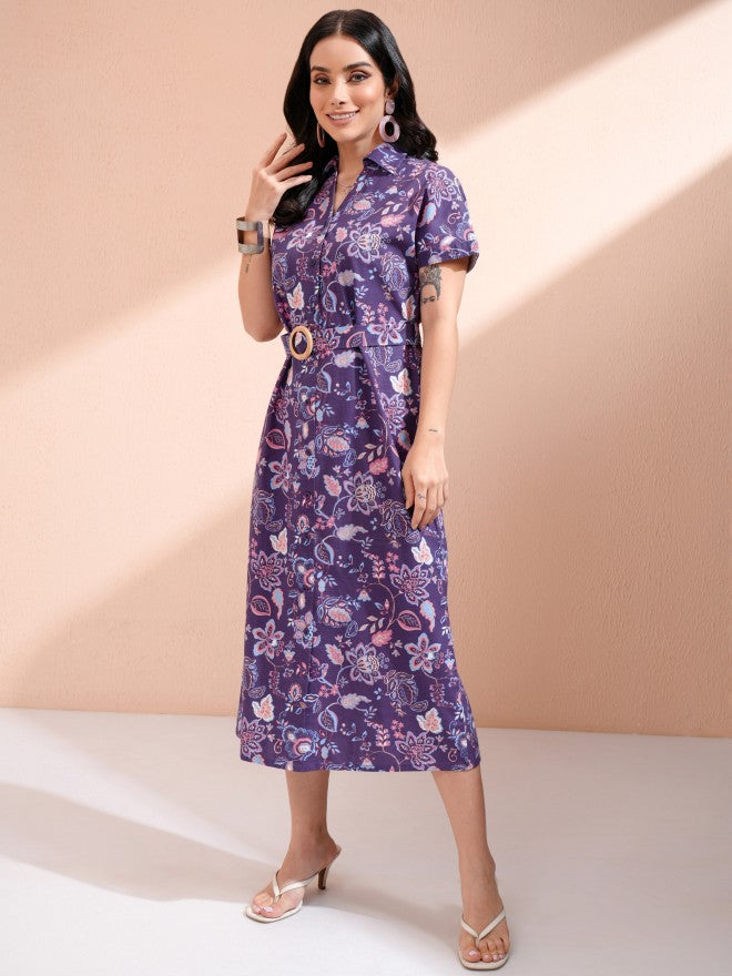 Tokyo Talkies Women Purple Printed Shirt Dress - Purple - Image 3