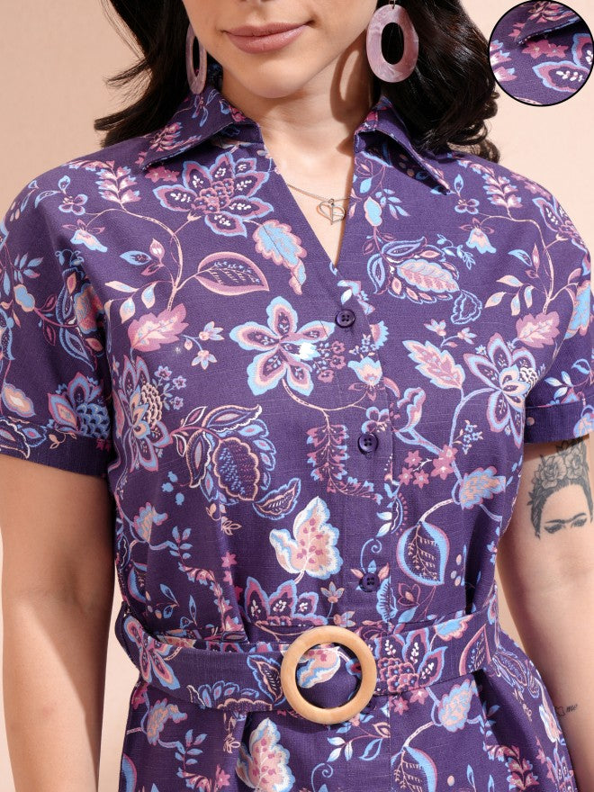 Tokyo Talkies Women Purple Printed Shirt Dress - Purple - Image 4