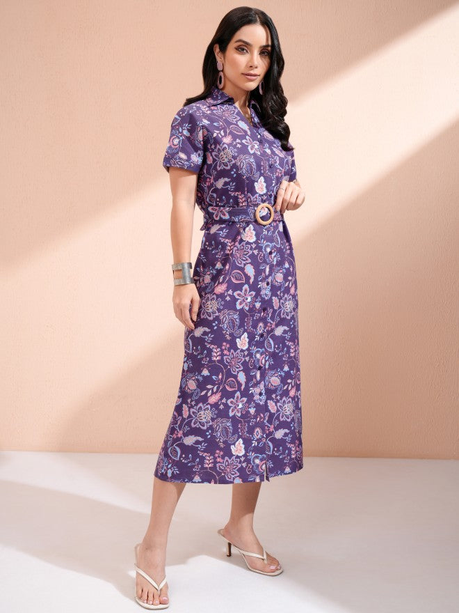 Tokyo Talkies Women Purple Printed Shirt Dress - Purple - Image 5
