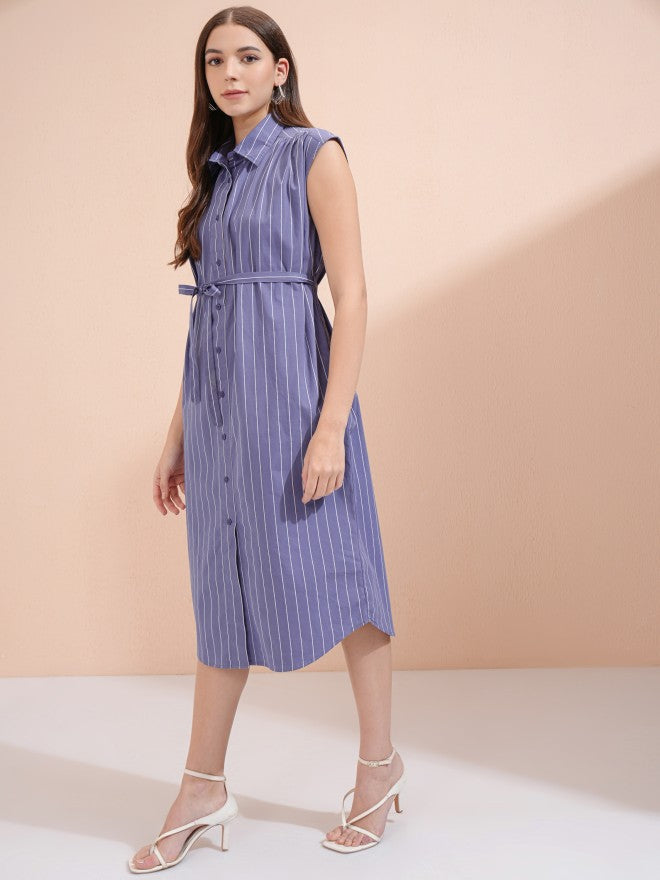 Tokyo Talkies Women Blue Striped Shirt Dress - Blue - Image 2