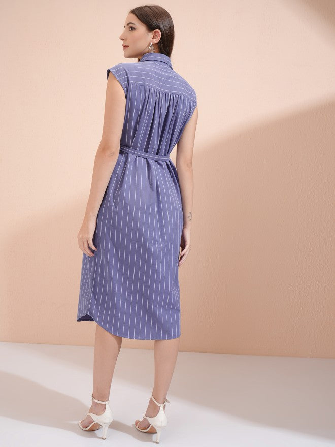 Tokyo Talkies Women Blue Striped Shirt Dress - Blue - Image 3