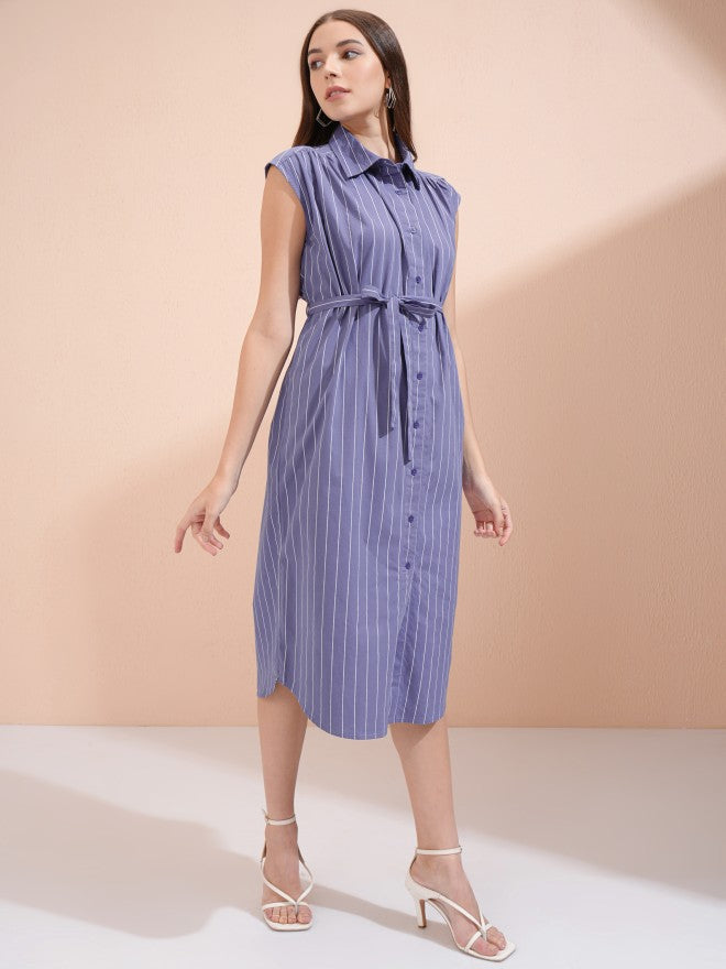 Tokyo Talkies Women Blue Striped Shirt Dress - Blue - Image 4