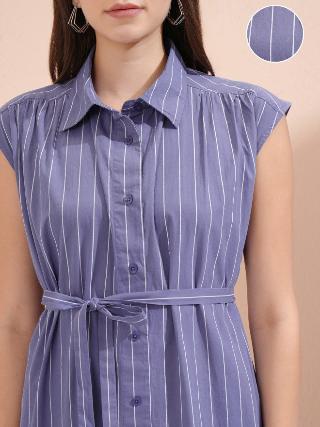 Tokyo Talkies Women Blue Striped Shirt Dress - Blue - Image 5