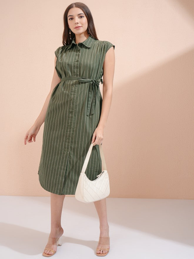 Tokyo Talkies Women Olive Striped Shirt Dress - Olive - Image 1