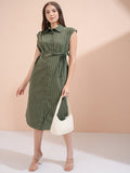 Tokyo Talkies Women Olive Striped Shirt Dress - Olive - Image 1