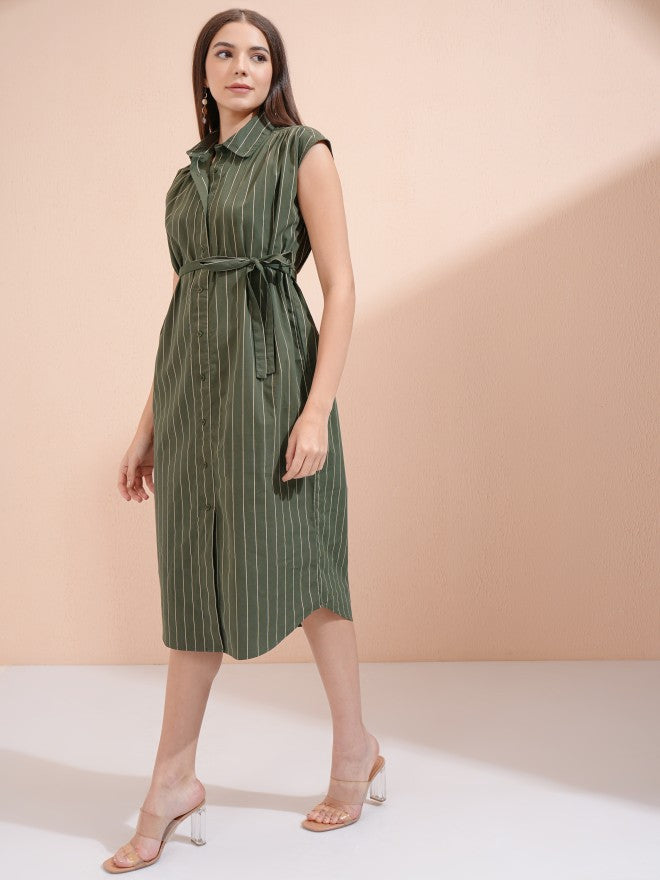Tokyo Talkies Women Olive Striped Shirt Dress - Olive - Image 2