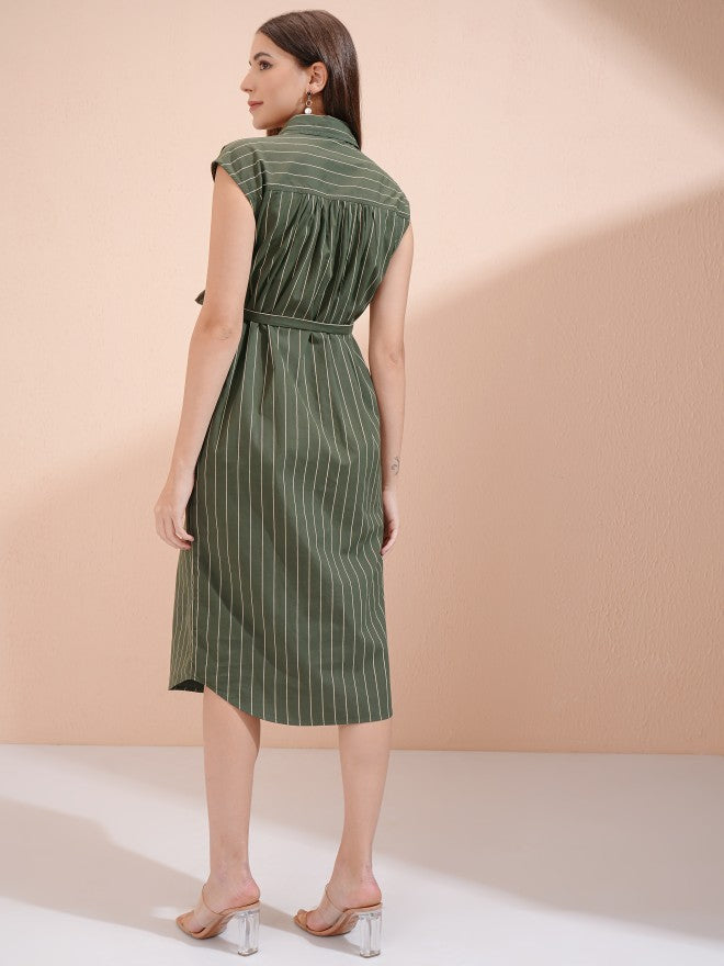 Tokyo Talkies Women Olive Striped Shirt Dress - Olive - Image 3