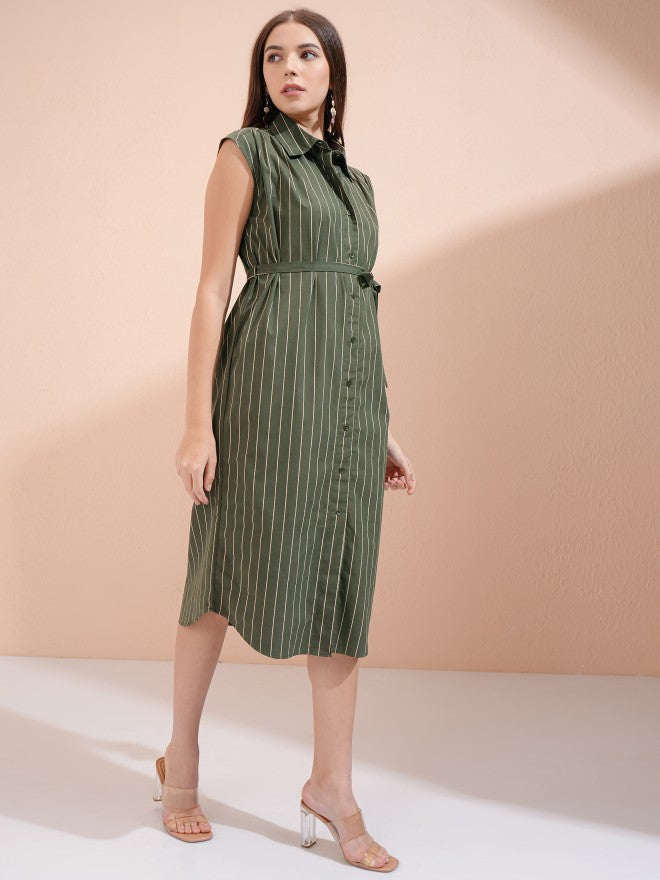 Tokyo Talkies Women Olive Striped Shirt Dress - Olive - Image 4
