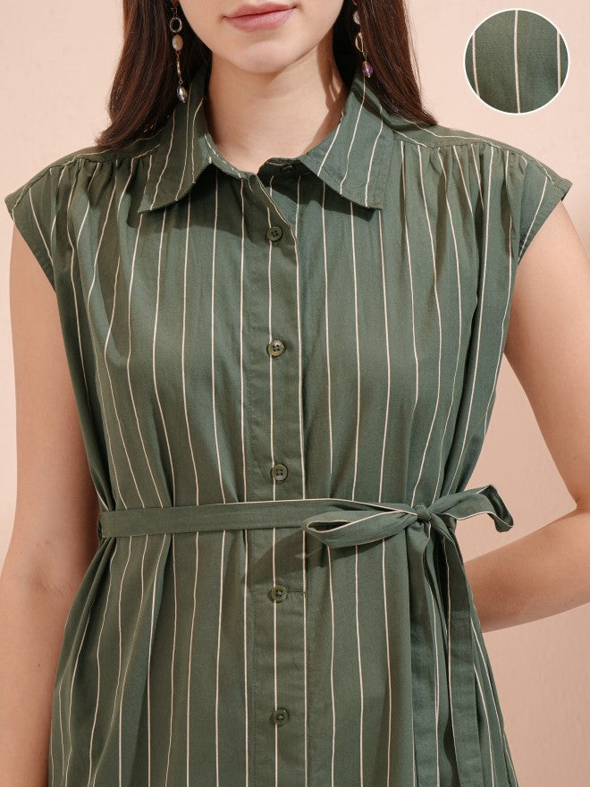 Tokyo Talkies Women Olive Striped Shirt Dress - Olive - Image 5