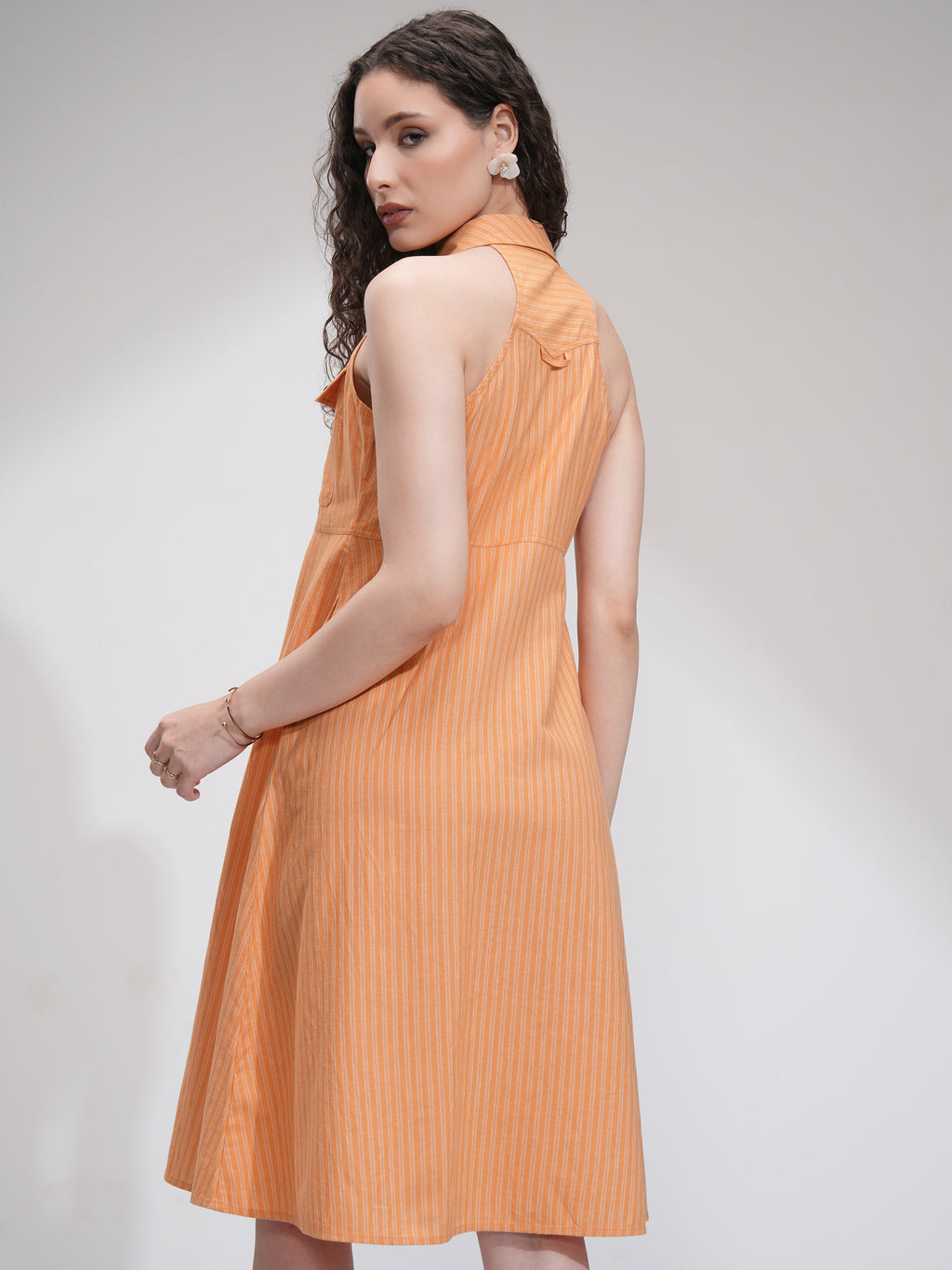 Tokyo Talkies Women Orange Striped Fit and Flare Dress - Orange - Image 3
