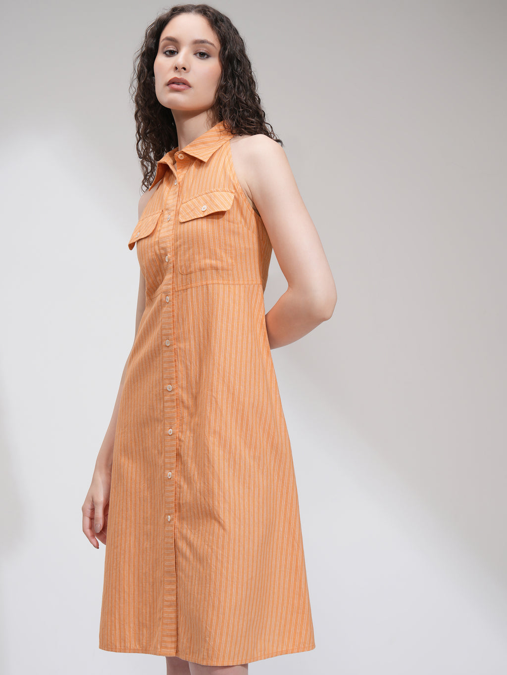 Tokyo Talkies Women Orange Striped Fit and Flare Dress - Orange - Image 4