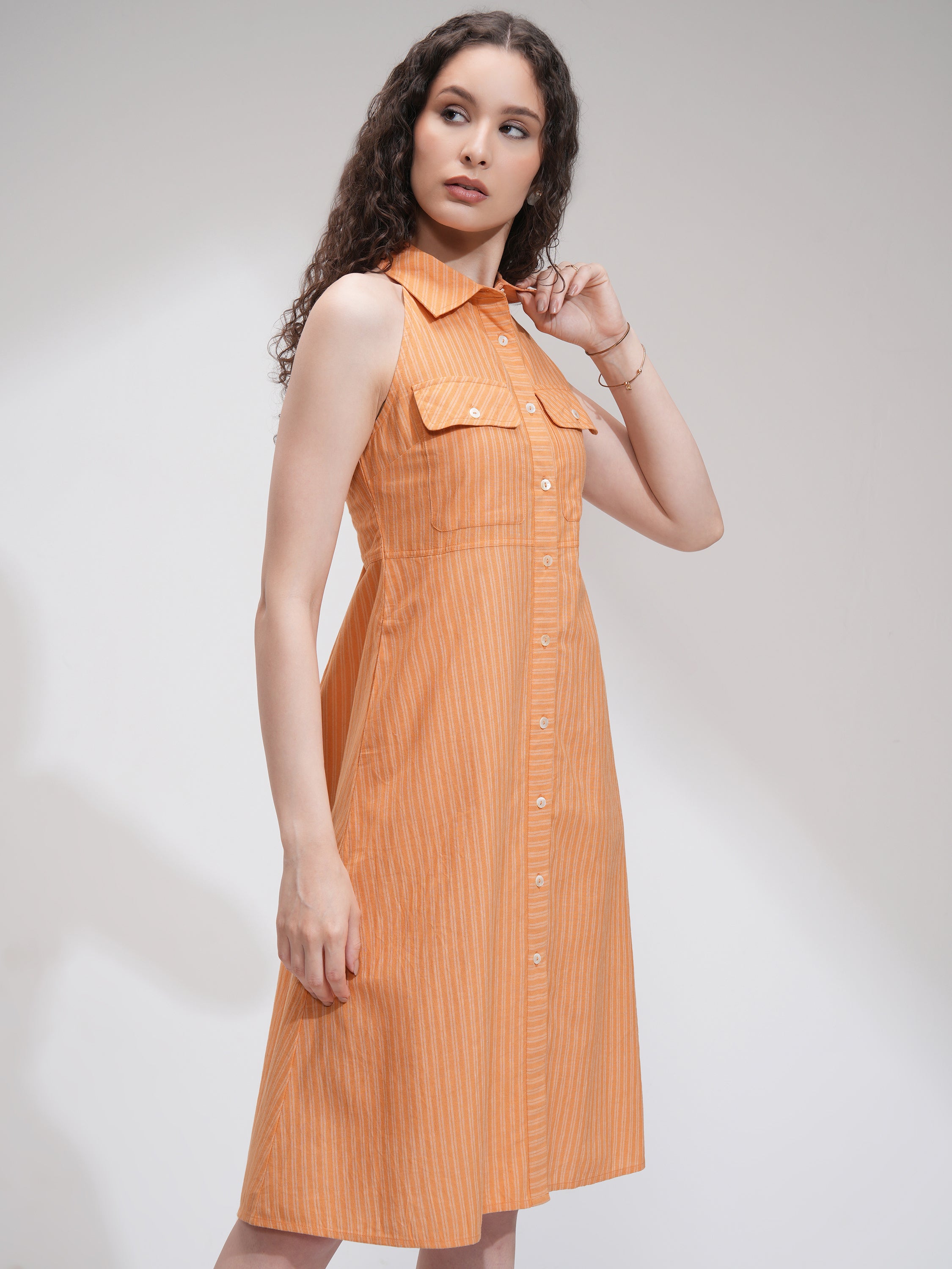Tokyo Talkies Women Orange Striped Fit and Flare Dress - Orange - Image 6
