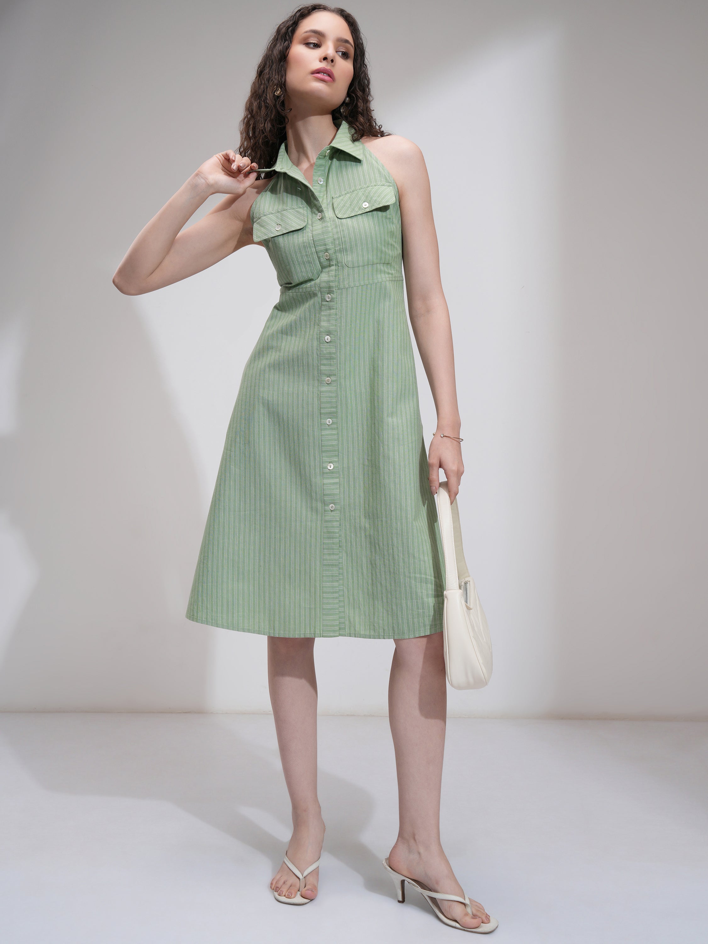 Tokyo Talkies Women Olive Striped Fit And Flare Dress - Olive - Image 2