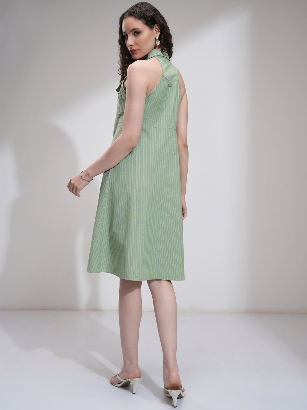 Tokyo Talkies Women Olive Striped Fit And Flare Dress - Olive - Image 3