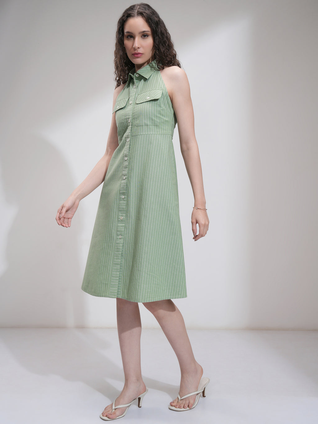 Tokyo Talkies Women Olive Striped Fit And Flare Dress - Olive - Image 4