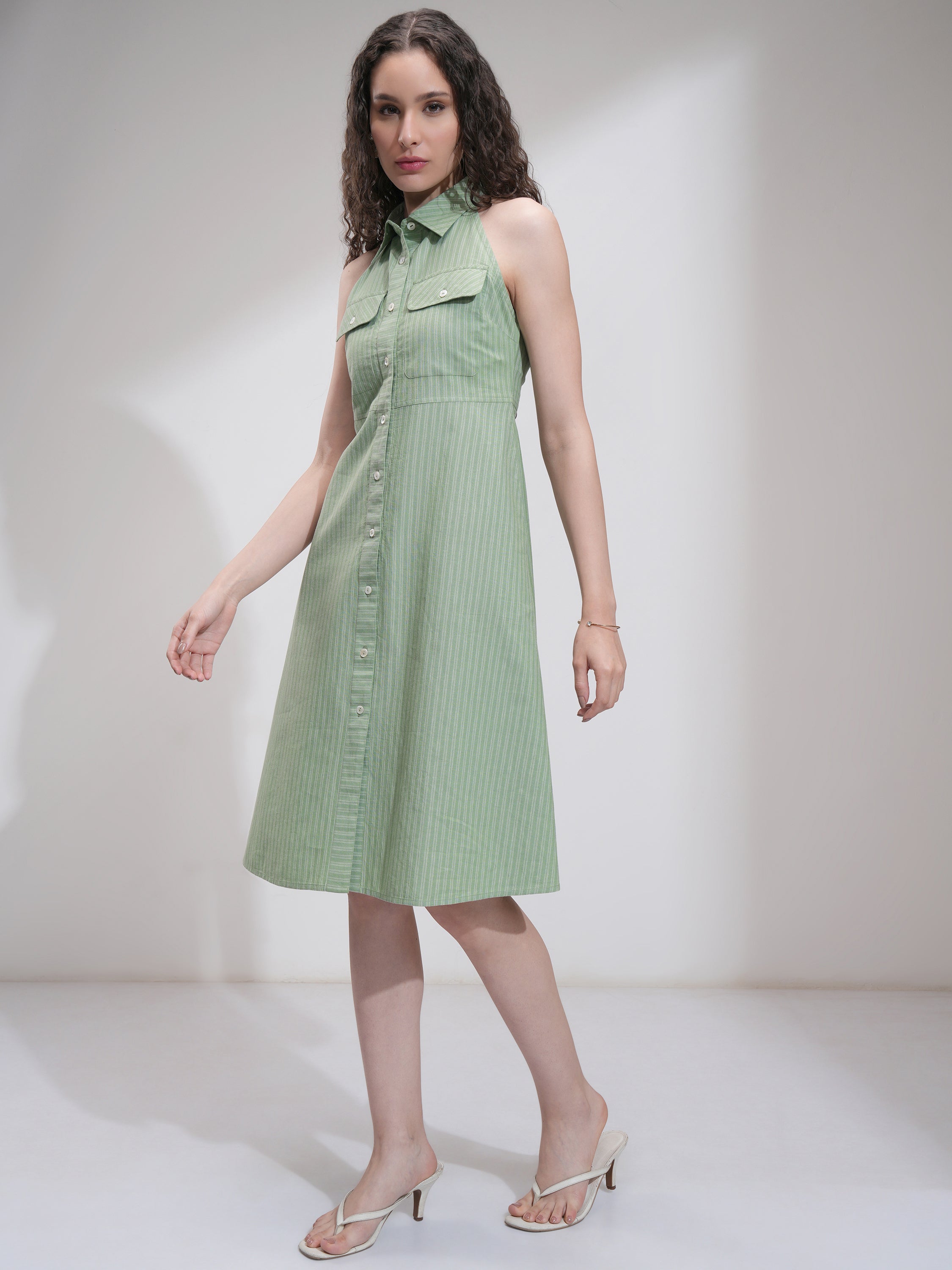 Tokyo Talkies Women Olive Striped Fit And Flare Dress - Olive - Image 4