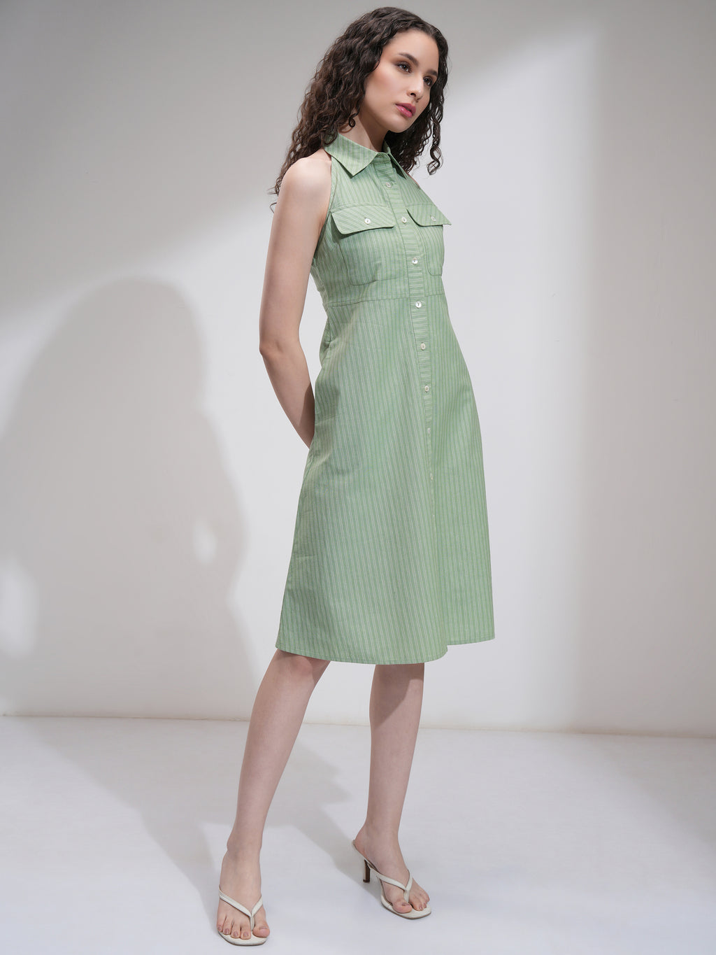 Tokyo Talkies Women Olive Striped Fit And Flare Dress - Olive - Image 6