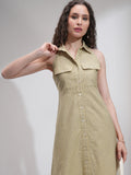 Tokyo Talkies Women Beige Striped Fit And Flare Dress - Beige - Image 1