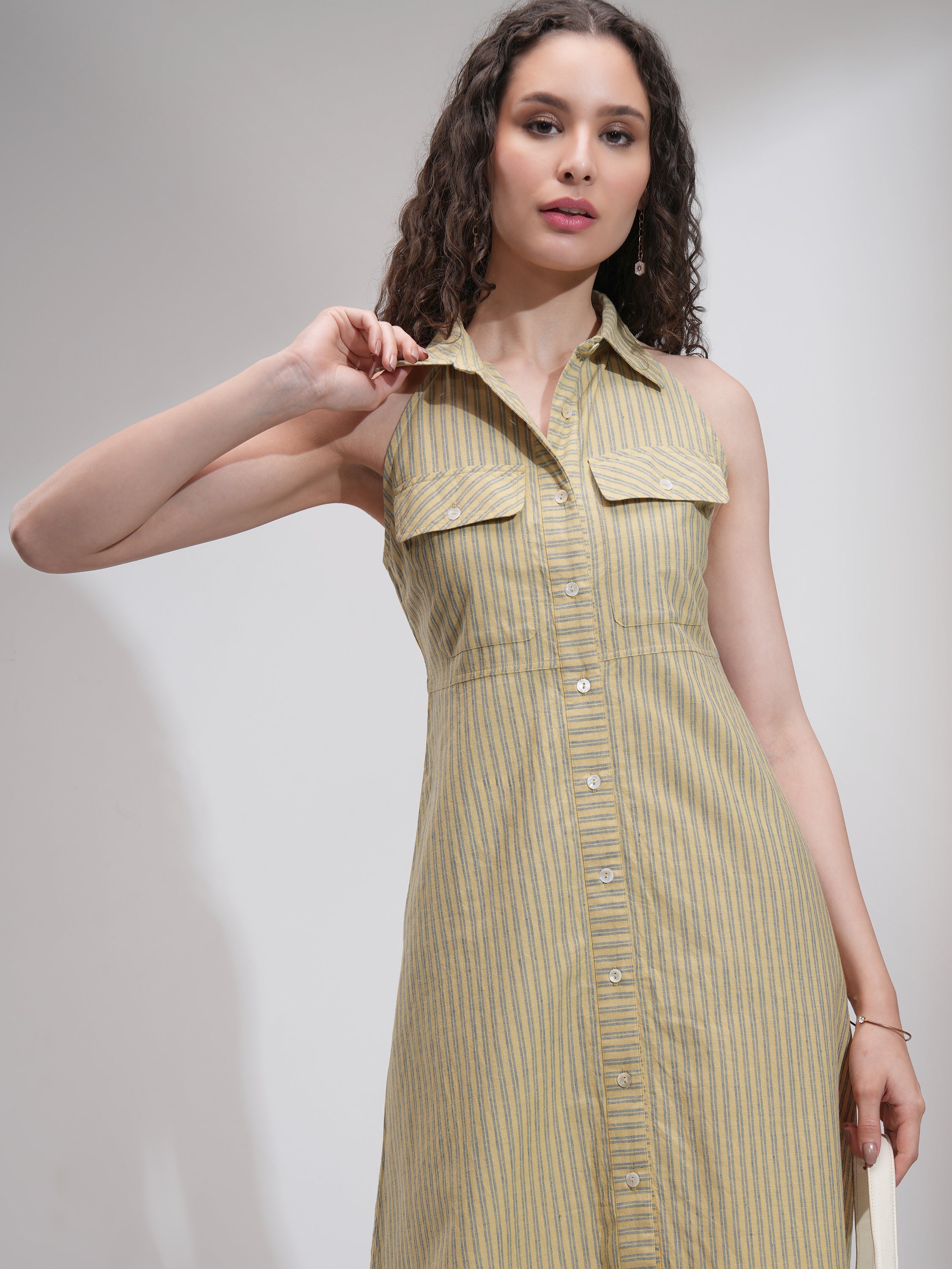 Tokyo Talkies Women Beige Striped Fit And Flare Dress - Beige - Image 1