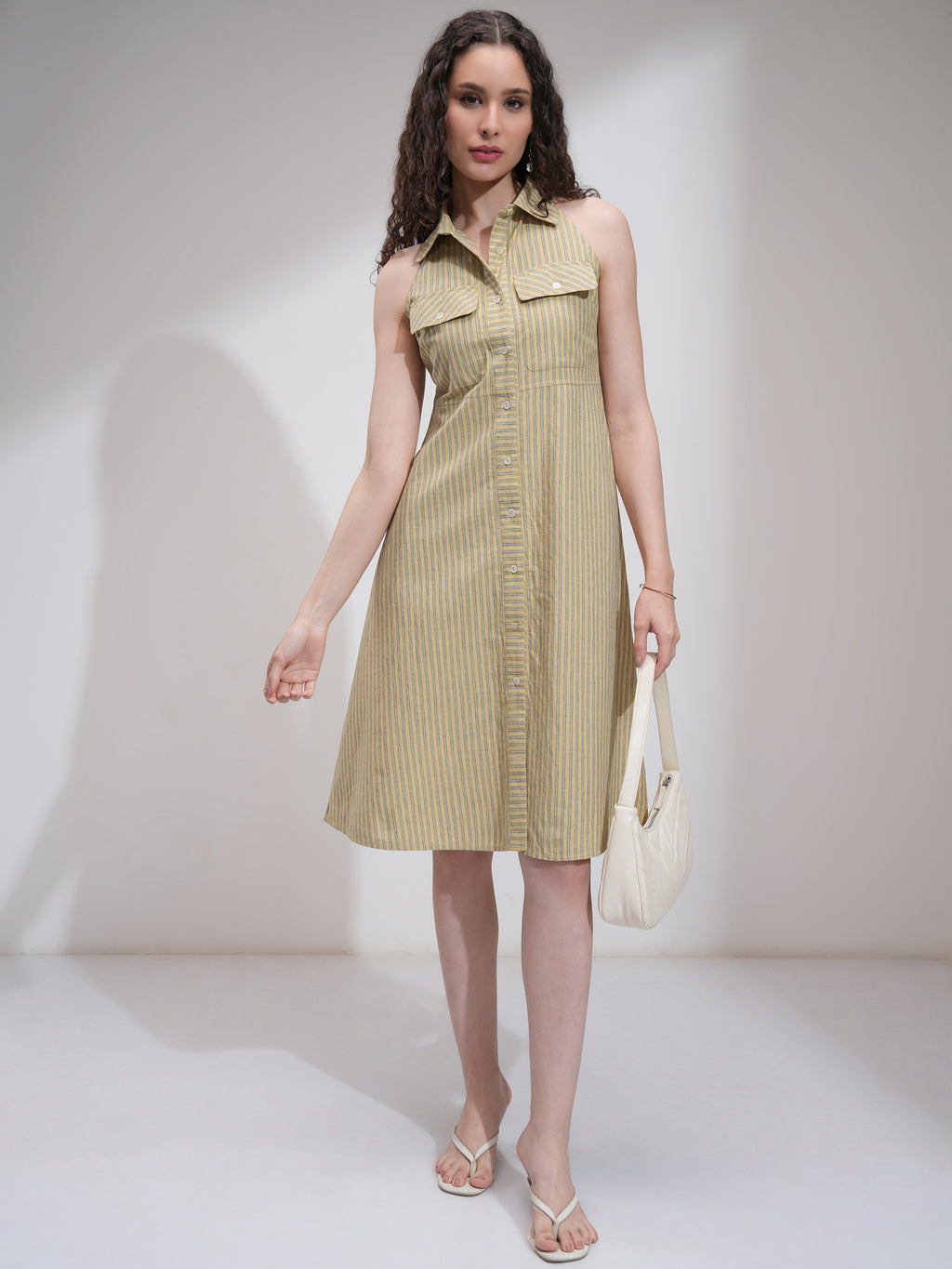 Tokyo Talkies Women Beige Striped Fit And Flare Dress - Beige - Image 2