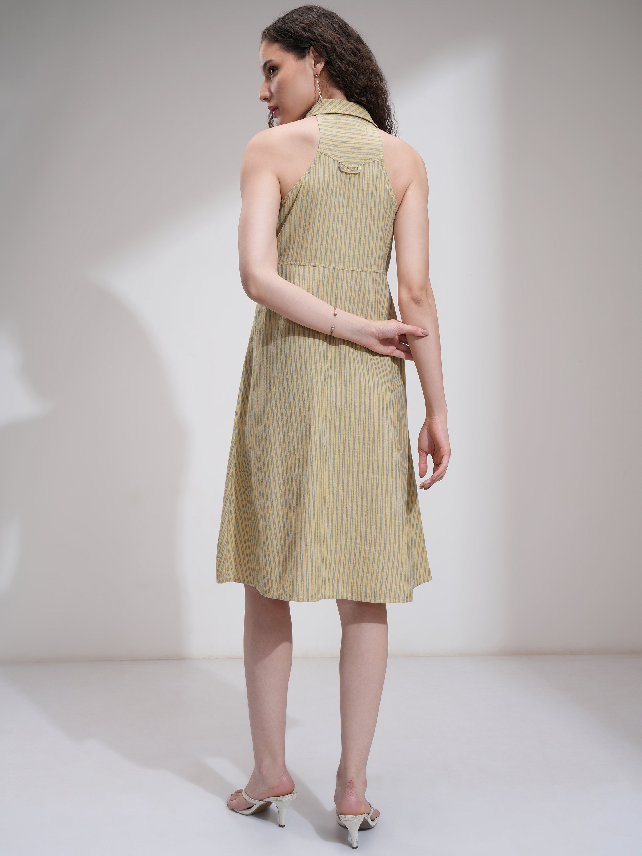 Tokyo Talkies Women Beige Striped Fit And Flare Dress - Beige - Image 3