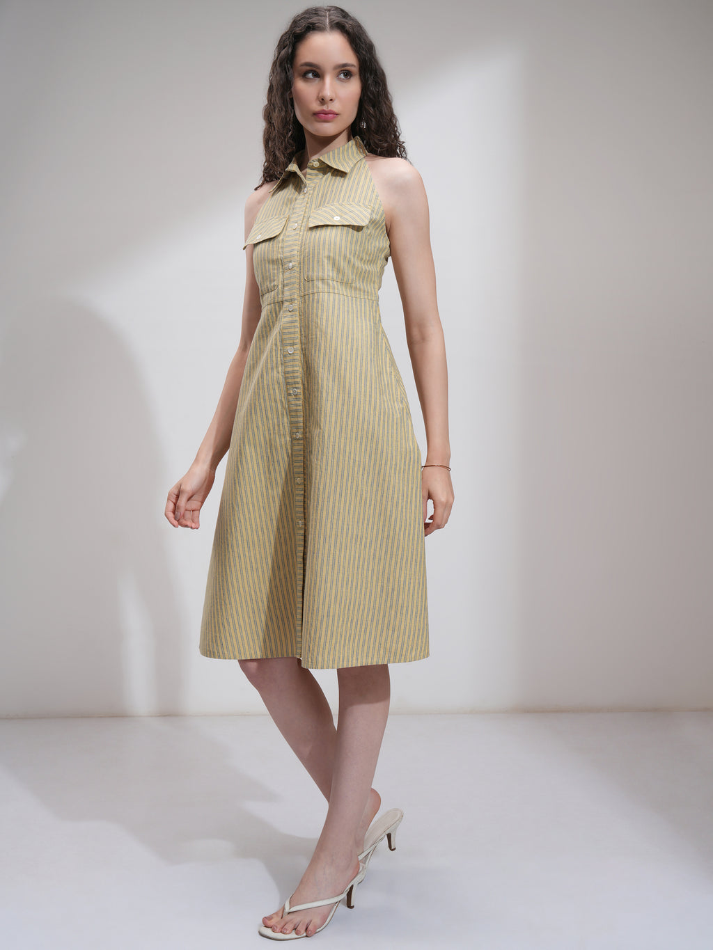 Tokyo Talkies Women Beige Striped Fit And Flare Dress - Beige - Image 4