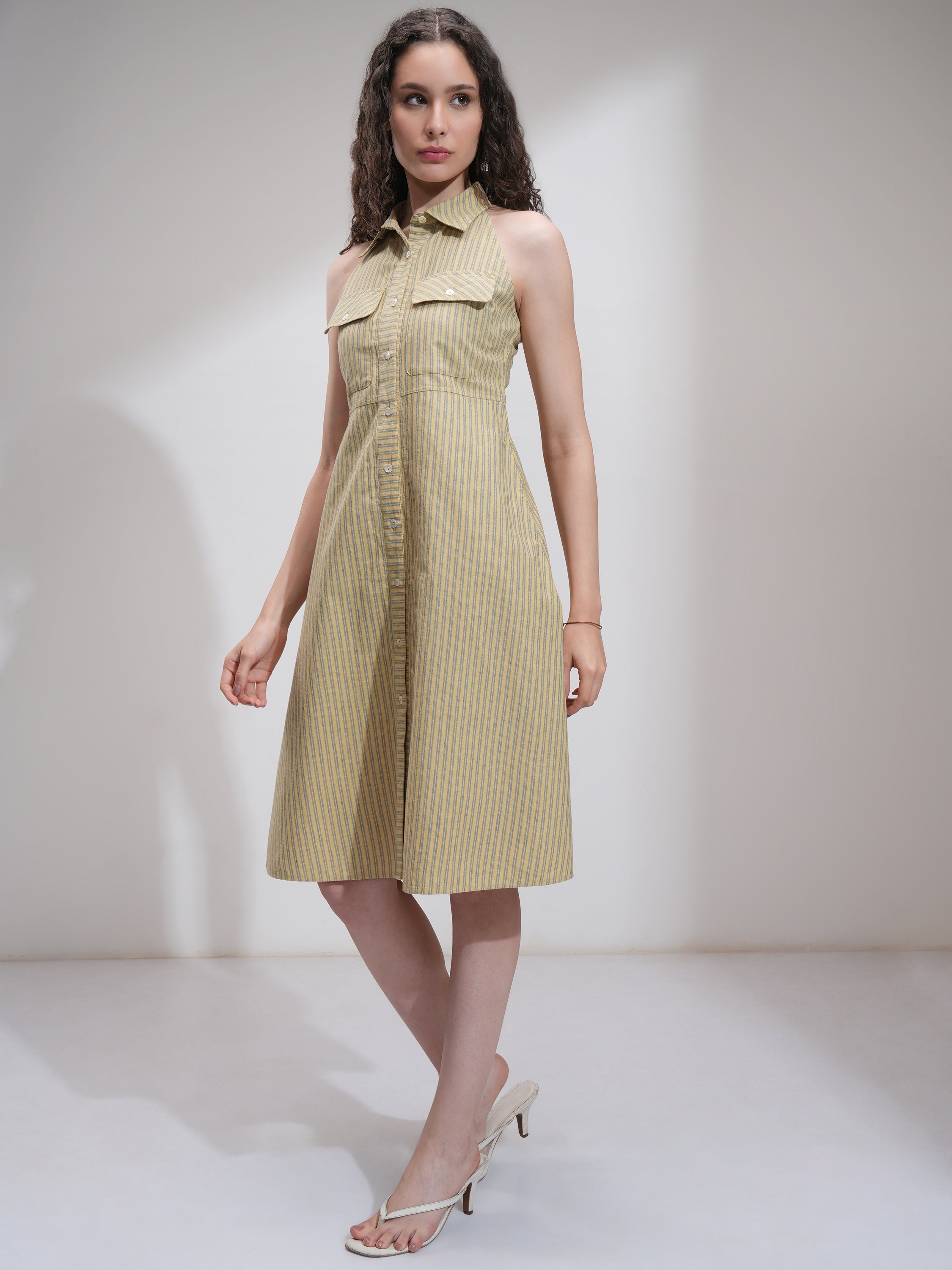 Tokyo Talkies Women Beige Striped Fit And Flare Dress - Beige - Image 4