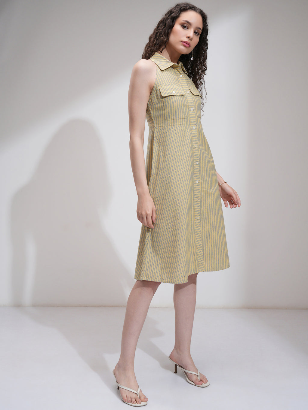Tokyo Talkies Women Beige Striped Fit And Flare Dress - Beige - Image 6