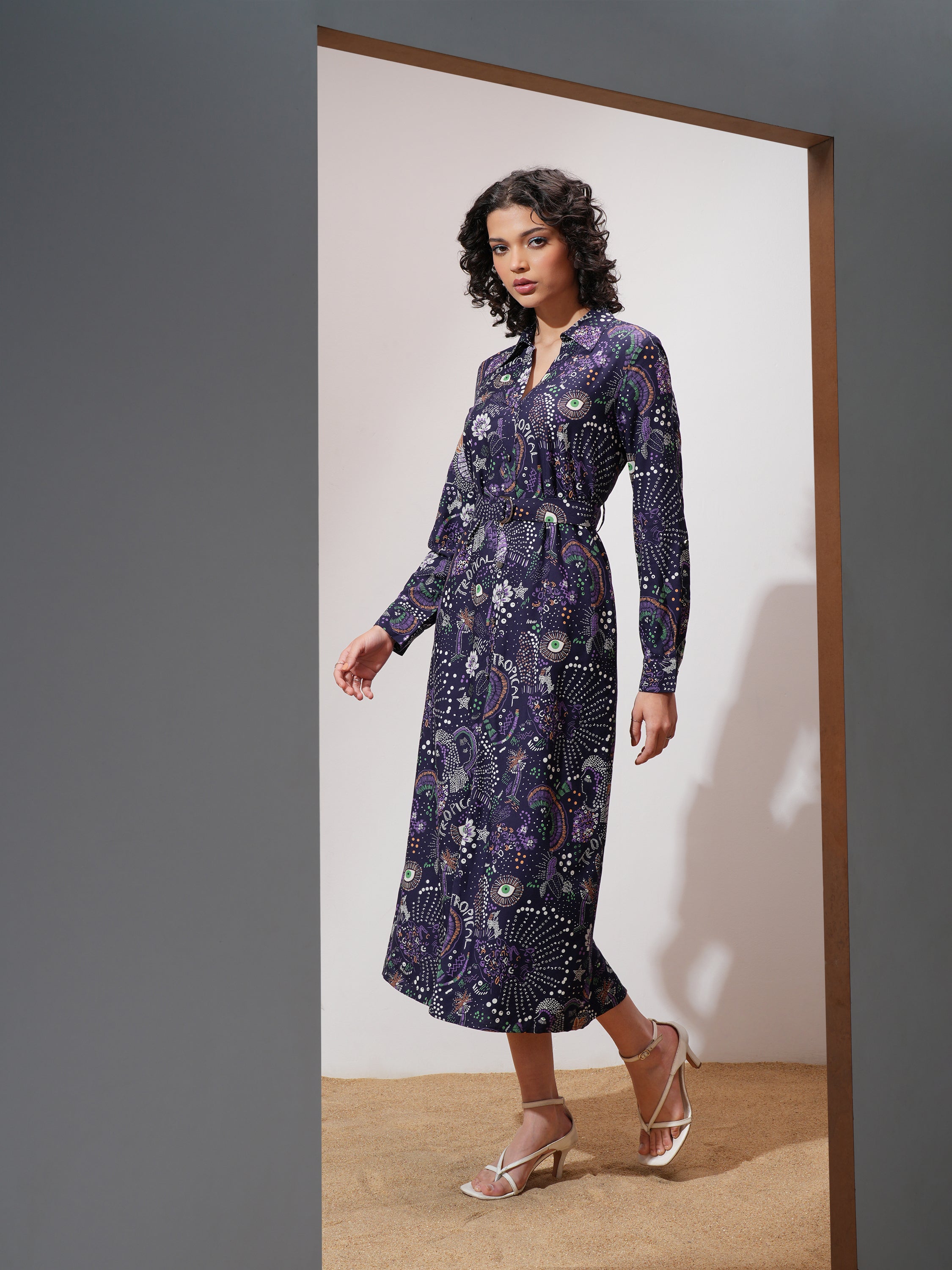 Tokyo Talkies Women Navy Blue Printed Shirt Dress - Navy Blue - Image 4