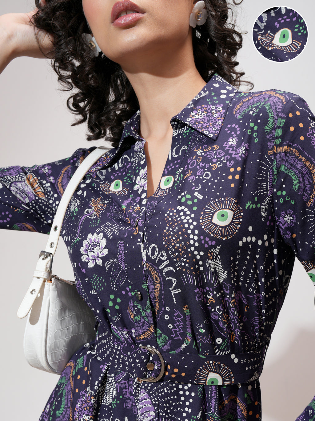 Tokyo Talkies Women Navy Blue Printed Shirt Dress - Navy Blue - Image 5