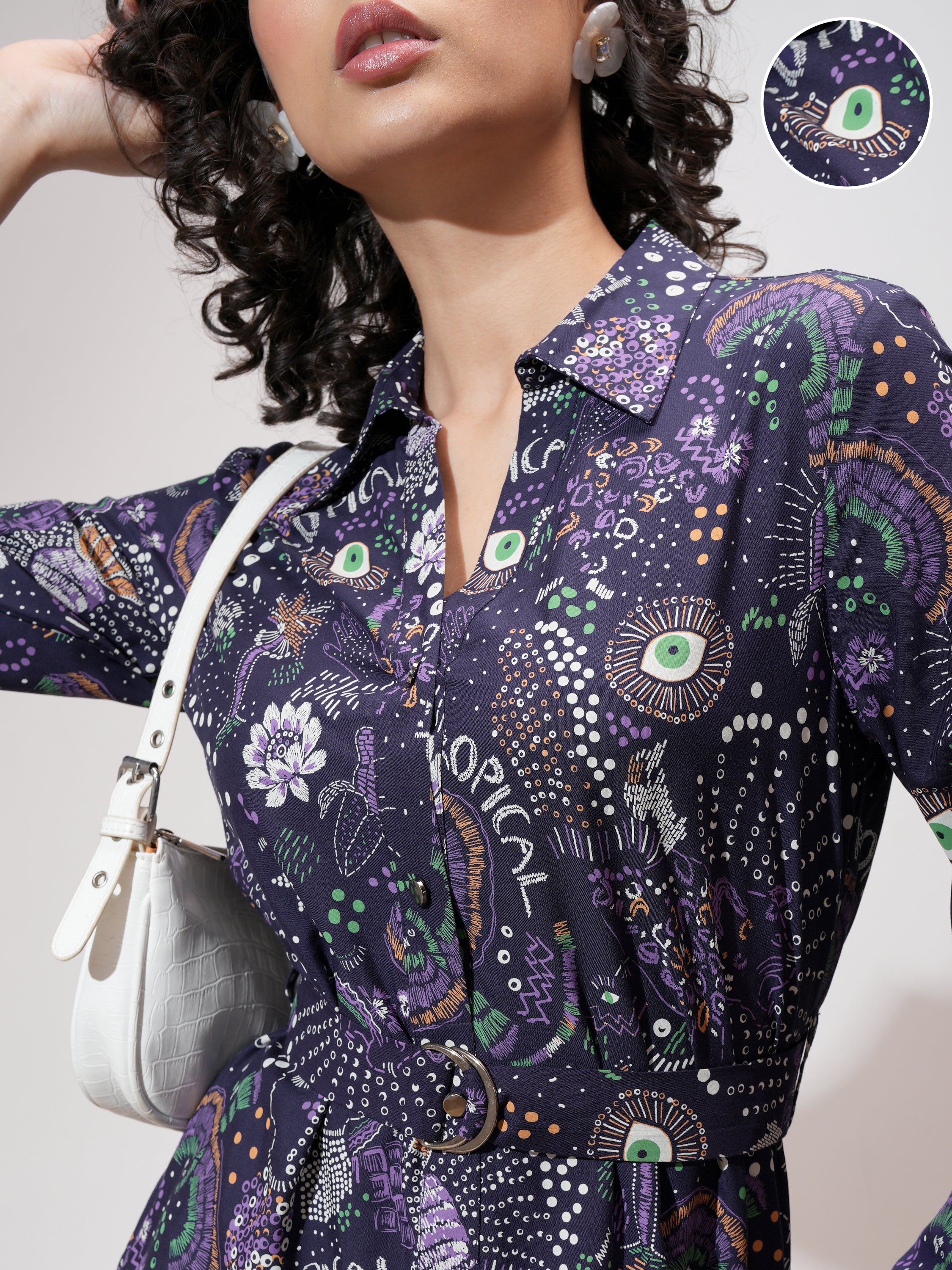 Tokyo Talkies Women Navy Blue Printed Shirt Dress - Navy Blue - Image 5