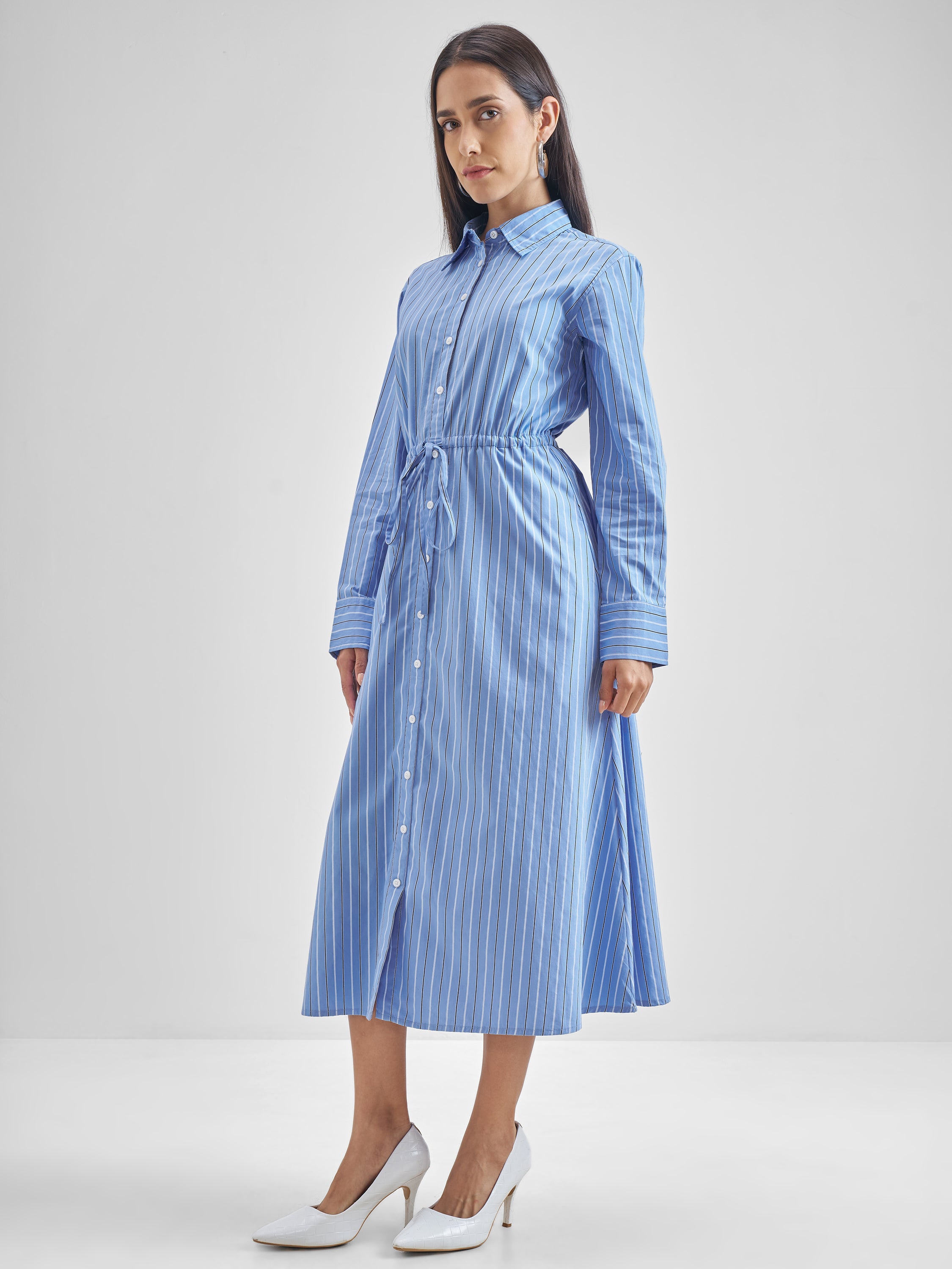 Chic By Tokyo Talkies Women Blue Striped Shirt Dress - Blue - Image 2