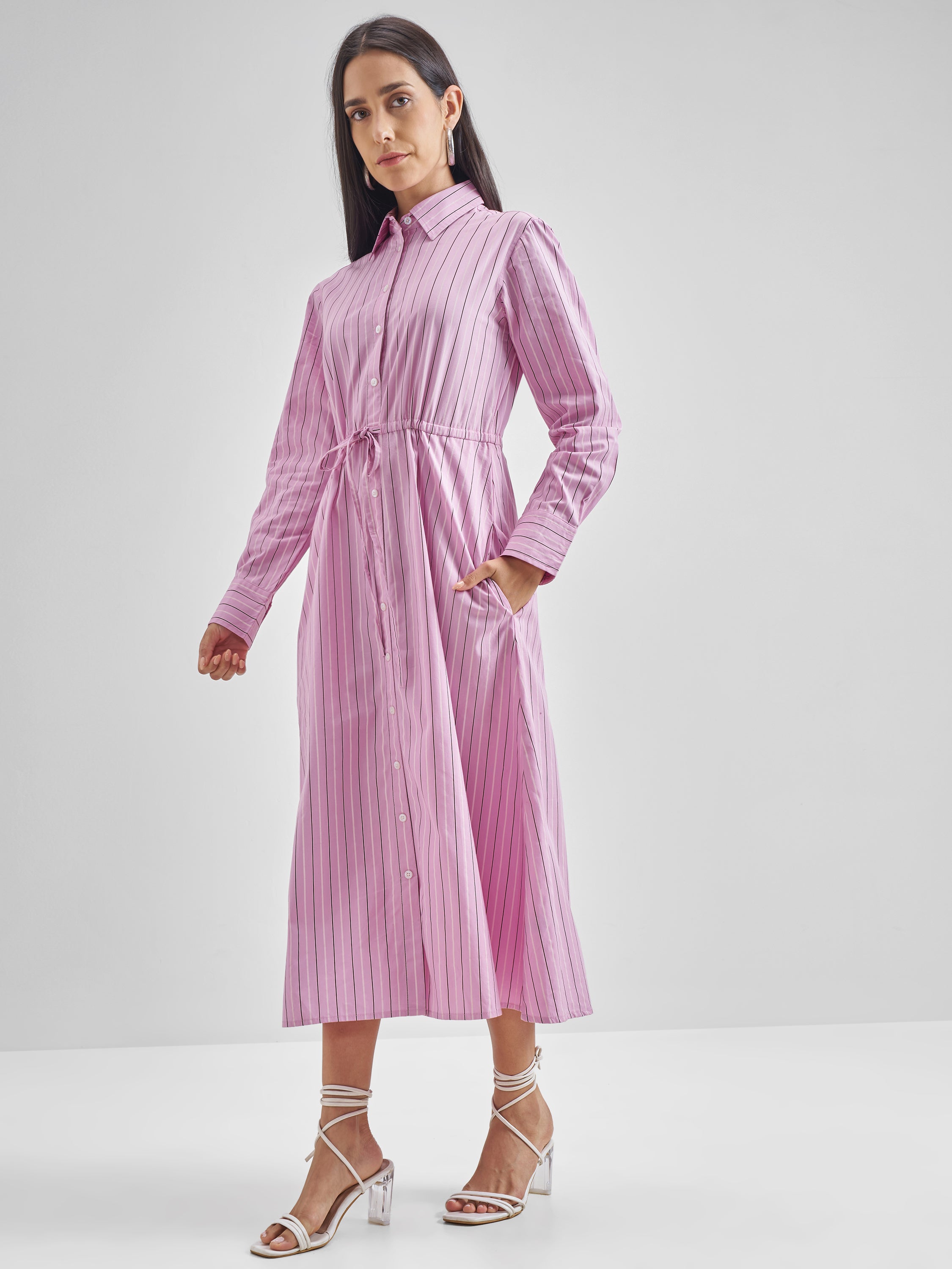 Chic By Tokyo Talkies Women Pink Striped Shirt Dress - Pink - Image 2