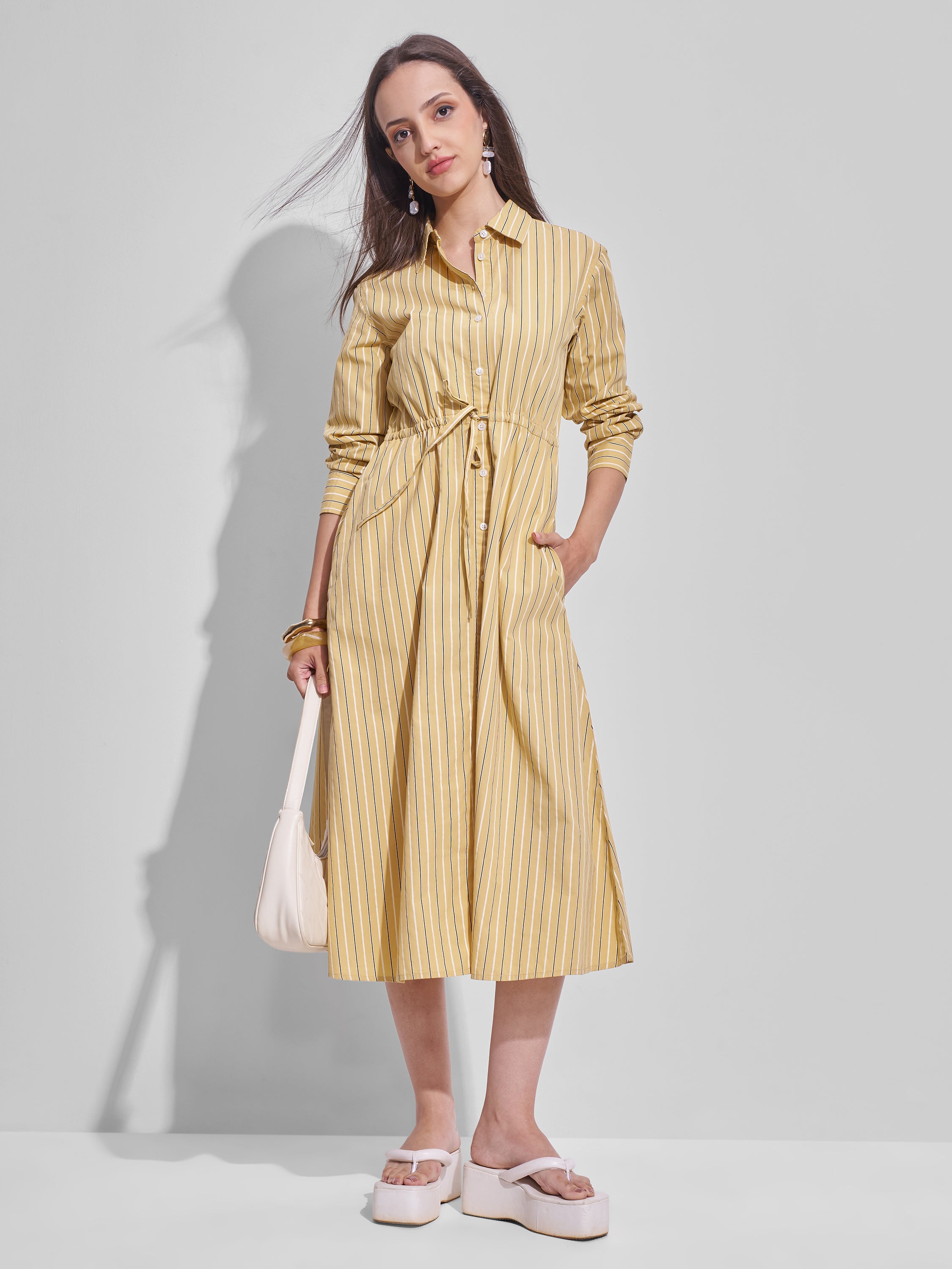 Tokyo Talkies Women Yellow Striped Shirt Dress - Yellow - Image 2
