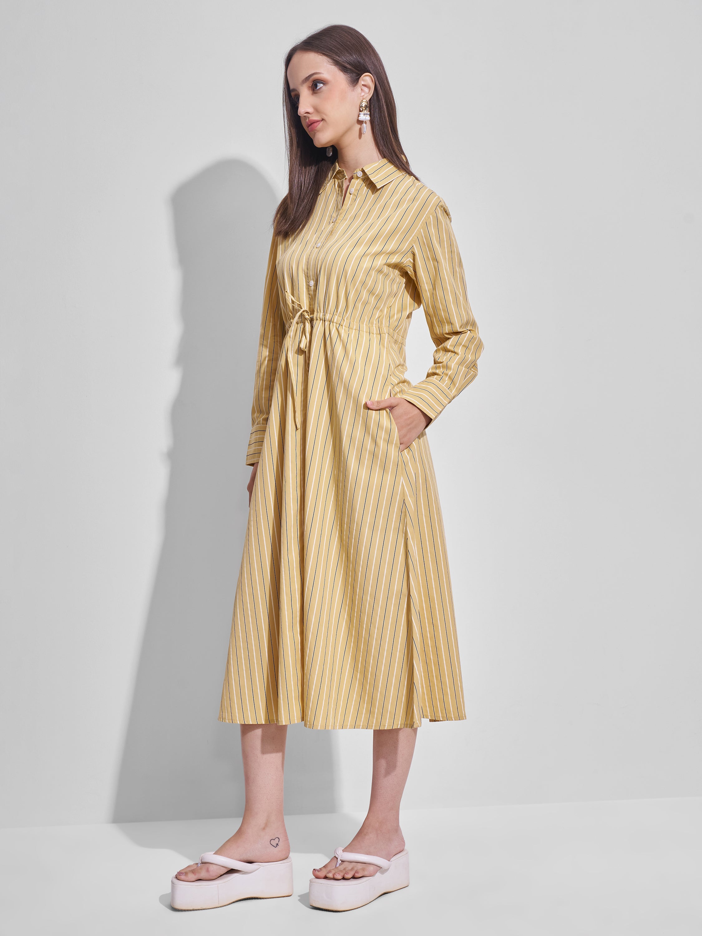 Tokyo Talkies Women Yellow Striped Shirt Dress - Yellow - Image 4