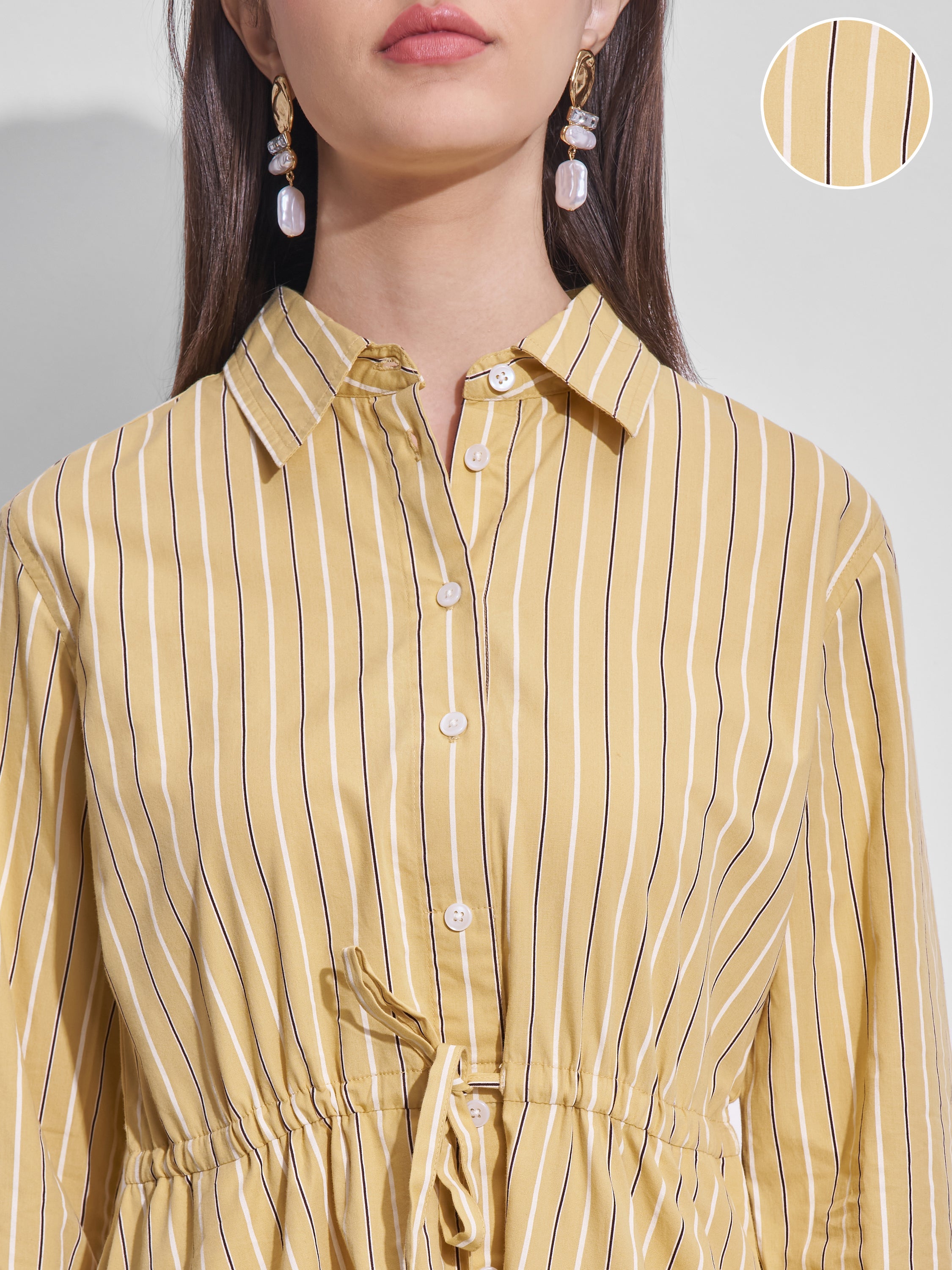 Tokyo Talkies Women Yellow Striped Shirt Dress - Yellow - Image 5