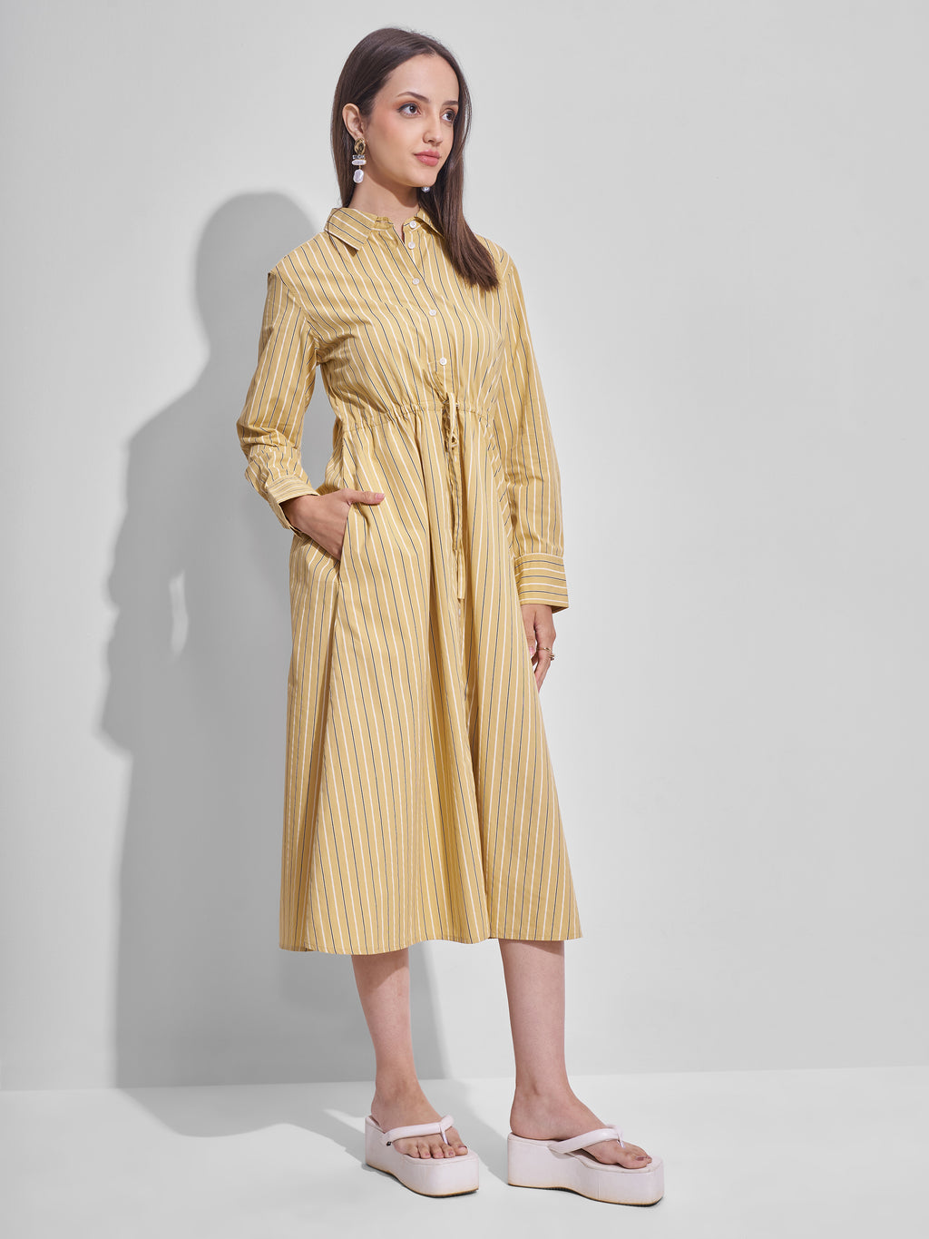 Tokyo Talkies Women Yellow Striped Shirt Dress - Yellow - Image 6