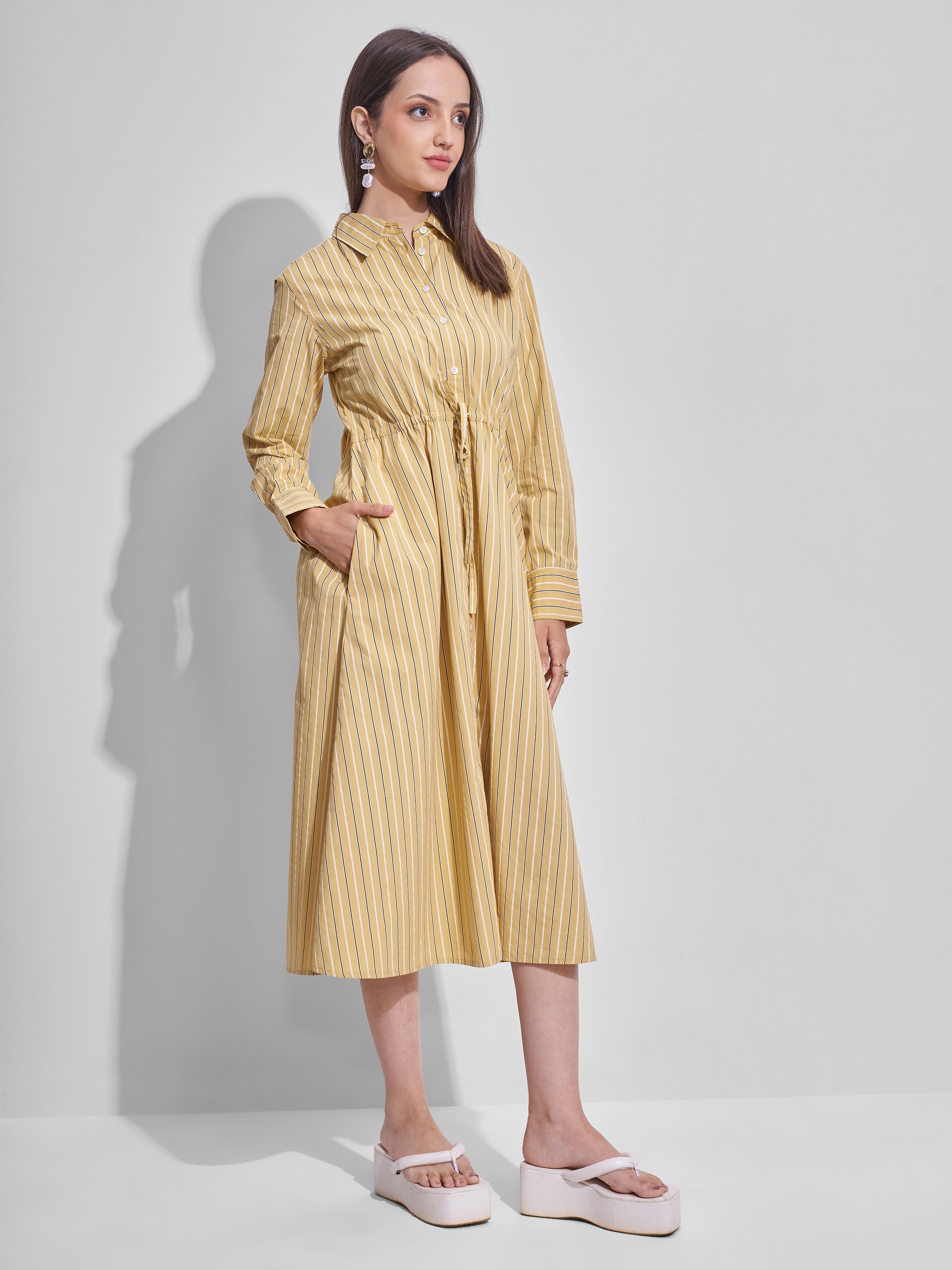 Tokyo Talkies Women Yellow Striped Shirt Dress - Yellow - Image 6
